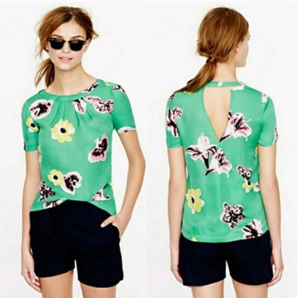J. Crew Green Floral Punk Swoop Short Sleeve Blouse